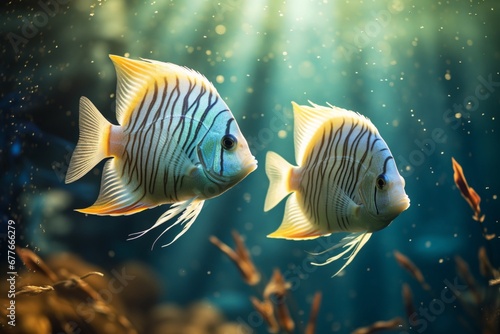 Angel fish swimming under water, two fish together photo