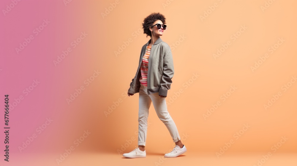 Fototapeta premium profile photo of cheerful person walking wear retro on light pink background