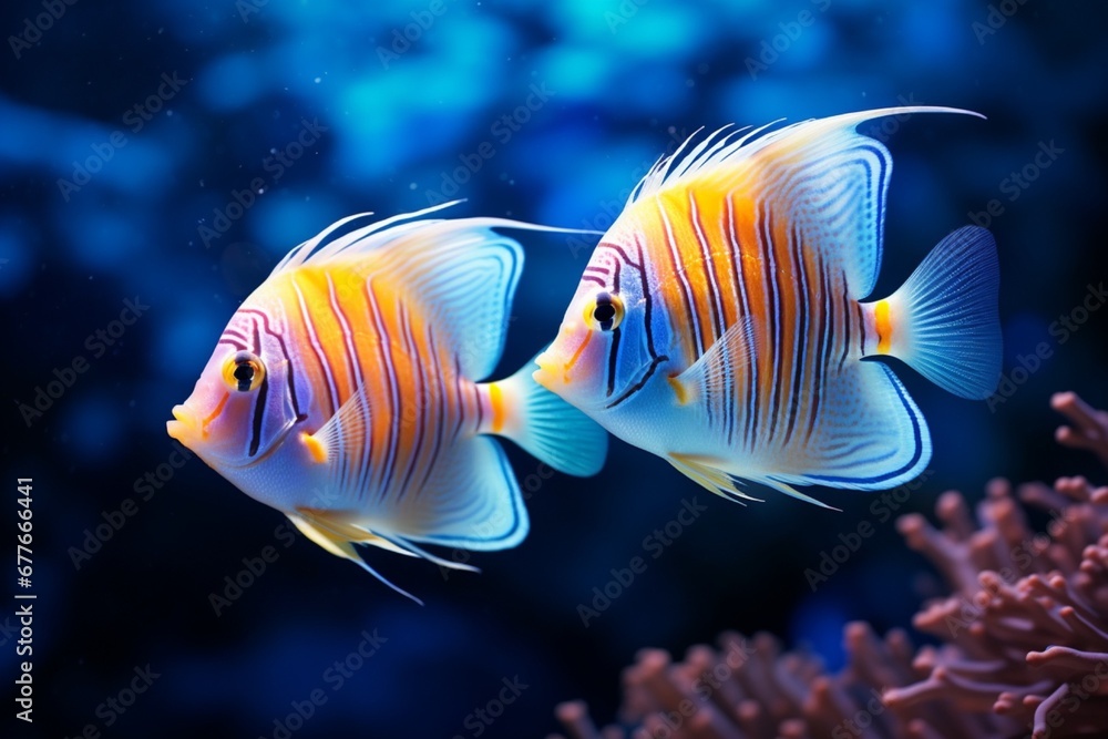 Angel fish swimming under water, two fish together Angel fish swimming under water, two fish together