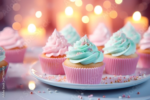 Delicious cupcakes on a plate festive background