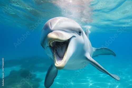 Delphine swimming underwater happy portrait