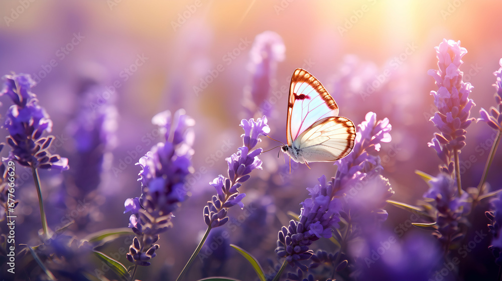 Seasonal spring or summer background with blooming lavender and flying butterflies. Sunny bright day. Magic meadow. Generative AI. - obrazy, fototapety, plakaty 