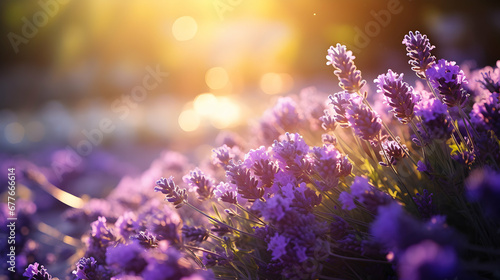 Seasonal spring or summer background with blooming lavender. Sunny bright day. Magic meadow. Generative AI.