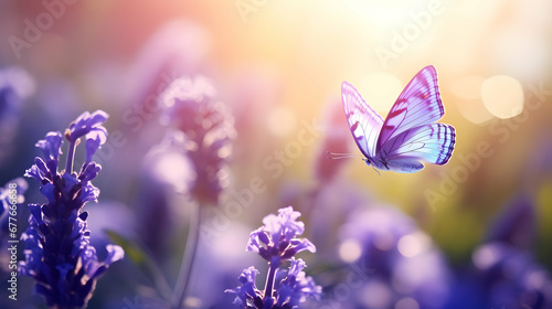 Seasonal spring or summer background with blooming lavender and flying butterflies. Sunny bright day. Magic meadow. Generative AI.