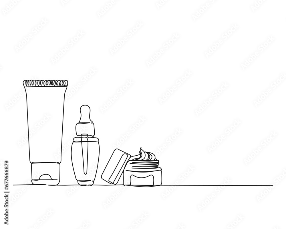 Continuous one line drawing of cosmetic product. Skin care product line