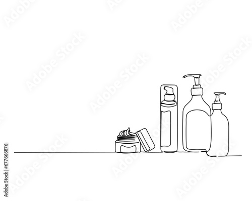 Continuous one line drawing of cosmetic product. Skin care product line art vector illustration. Editable stroke.	