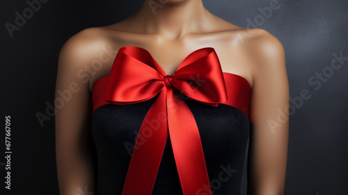 Close-up of a female wearing dress with red bow on black background