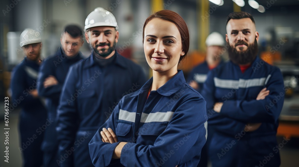 Group of industrial workers, workers smiling at camera Group of industrial workers, workers smiling at camera