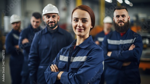 Group of industrial workers, workers smiling at camera