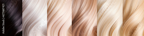 Palette of blonde hair colors in a professional hairdressing salon. Colors Palette. Close up, top view. Generative ai.