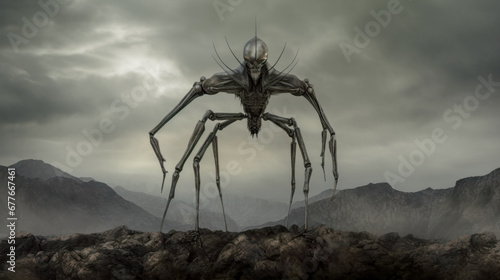 Alien Creature Insect Visit Earth in the Desert Wallpaper Poster Background Cover Digital Art AI Generative Illustration Graphic © Korea Saii