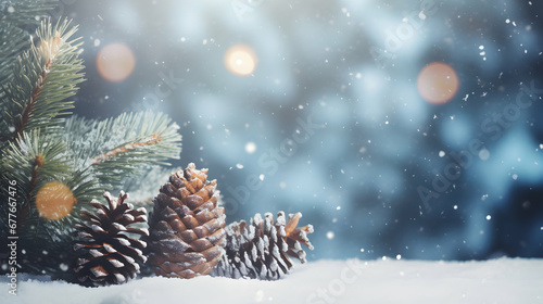 Christmas Decoration Banner Snowy Pine Cones On Fir Branch, winter seasonal background, wallpaper, generative ai