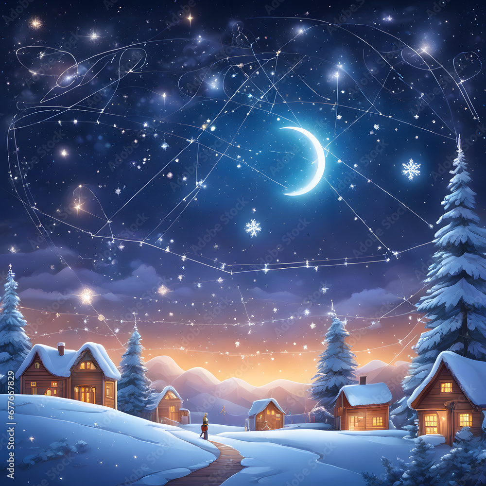 Naklejka premium Illustrate a starry night with Christmas constellations, depicting a young astronomer's discovery of their celestial holiday ties