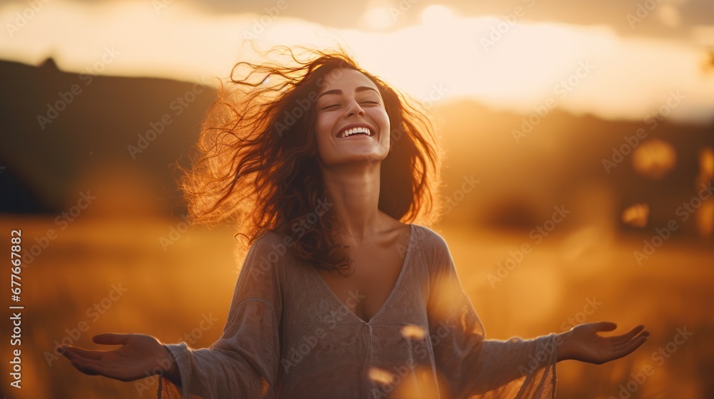 Woman and nature concept,Happy woman on the sunset in nature in summer with open hands