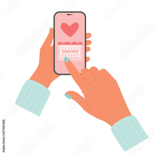 Girl holds phone in hand with menstruation calendar tracker. Menstrual cycle. Period app. Ovulation tracking. Vector illustration