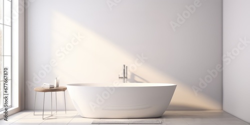 White modern tub in minimalistic Bathroom interior. Porcelain classic Bathtub in comfortable apartment or hotel room. Stylish bathroom interior design with glamour concept. Background with copy space.