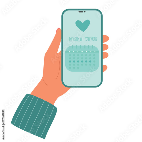 Women's health care app. Girl holds phone with a menstruation calendar app. Period ovulation days tracker. .