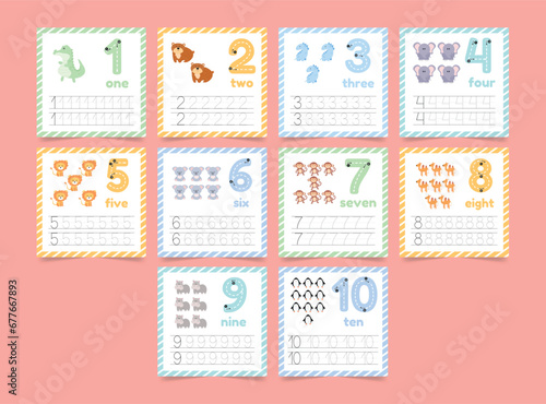 .Learning numbers worksheet for kids. Set of number tracing from 1 to 10.  Flashcards with animals..