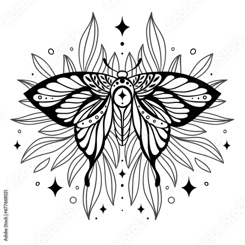 Magical monochrome butterfly night moth and twigs, stars and fairy dust on white background. Vector symmetric celestial boho print, tattoo sketch