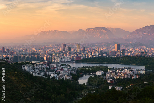 Aerial panorama view of Tirana at sunset, the capital city in Albania. photo