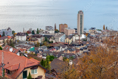 view of the the Montreux city and the Leman lake in Switzerland