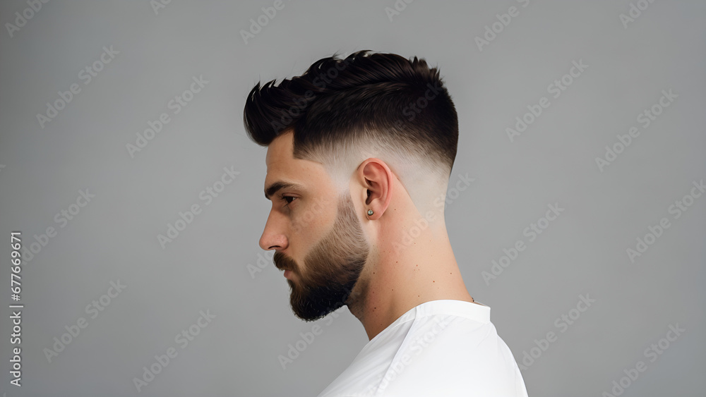 Man with fringe up haircut on gray background - profile view Man with fringe up haircut on gray background - profile view