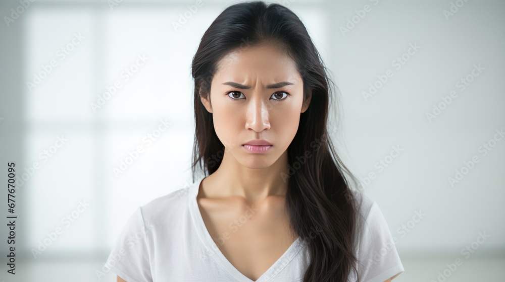 Portrait of Close-up of angry and upset pretty asian woman waiting for explanation, white background  - obrazy, fototapety, plakaty 