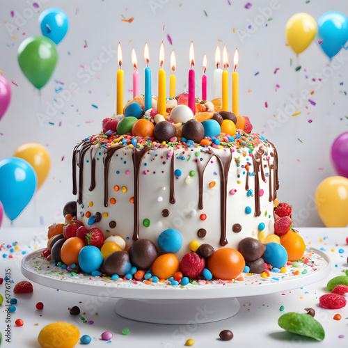 A large birthday cake topped with a chocolate layer and sprinkled with colorful toppings.