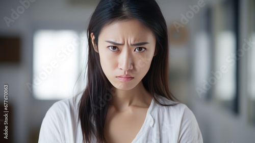 Portrait of Close-up of angry and upset pretty asian woman waiting for explanation, white background  photo