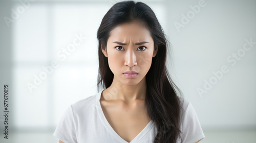 Portrait of Close-up of angry and upset pretty asian woman waiting for explanation, white background  photo