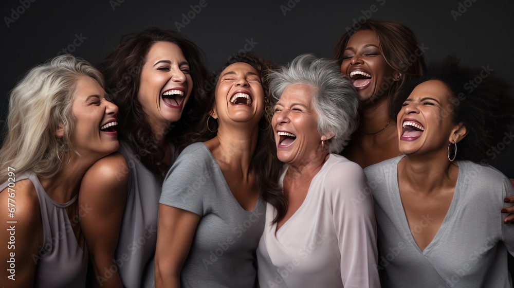 Obraz premium Portrait of Female models of different ages laughing happily in the studio 