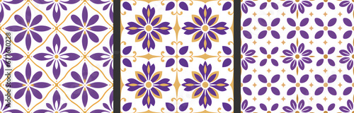 Seamless patterns in azujelo  majolica  zellij   damask style. Floor and wall oriental traditional ceramic tile textures.  Portuguese  spanish  turkish  arabic geometric ceramics. Lavender Gold colors