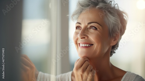 Portrait of Happy 50s middle aged woman model touching face skin looking in mirror reflection.