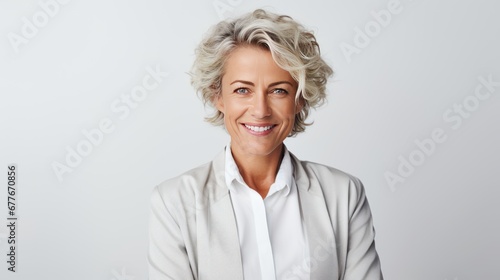 Portrait of Happy 50s middle aged woman model touching face skin looking in mirror reflection. photo