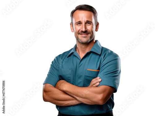 Mechanic standing with crossed arms on transparent background