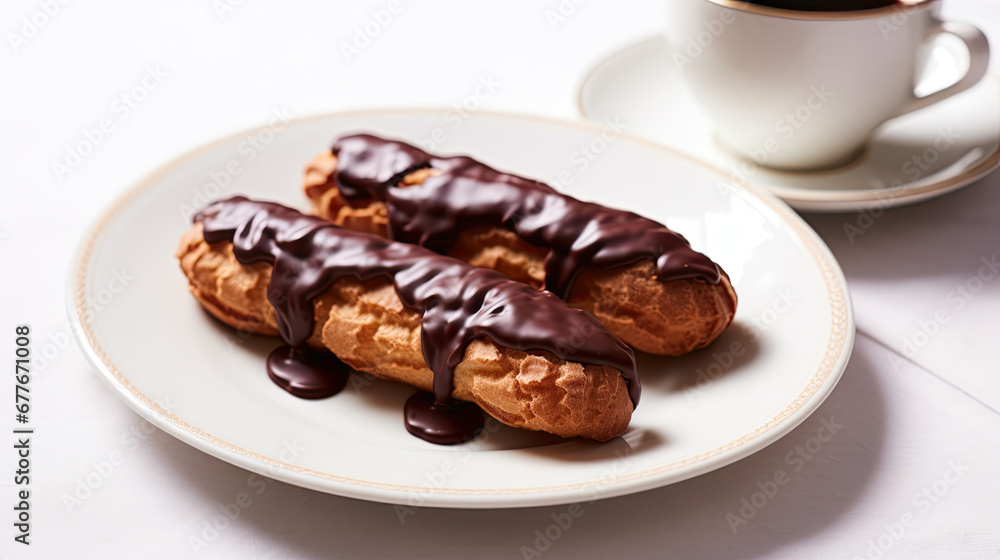 close up of Chocolate Éclairs in a plate on a table close up of Chocolate Éclairs in a plate on a table