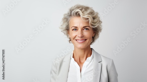Portrait of mature business woman smile while standing against white background.