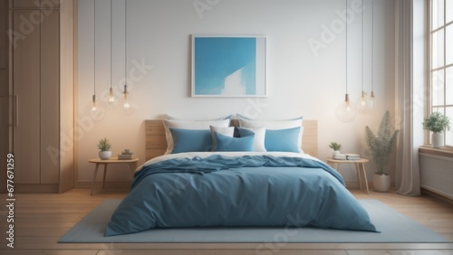 Blue pillows on bed. French country interior design of modern bedroom