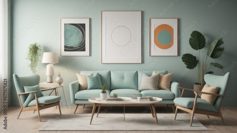 Fototapeta premium Ellipse table and two chairs near mint sofa against light green wall with art frame poster. Scandinavian, mid-century home interior design of modern living room
