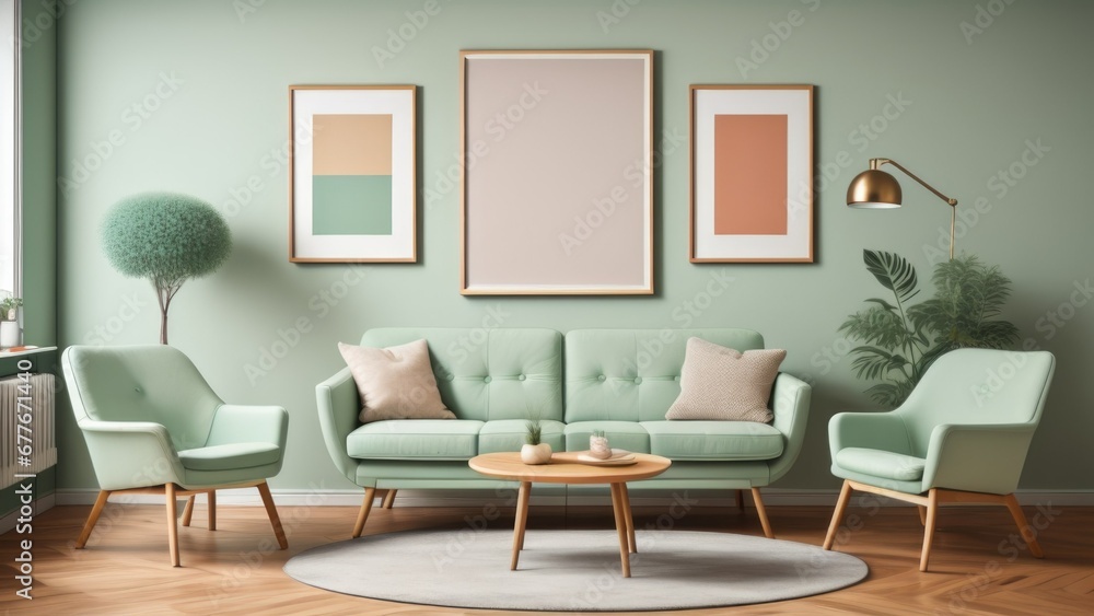 Fototapeta premium Ellipse table and two chairs near mint sofa against light green wall with art frame poster. Scandinavian, mid-century home interior design of modern living room