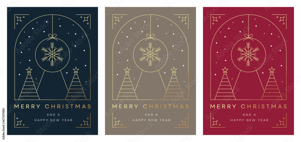 Fototapeta premium Merry Christmas and Happy New Year Set of greeting cards, posters, holiday covers. Modern Xmas design with geometric festive scene illustration. Christmas tree, balls, snow globe, snowflakes, text.