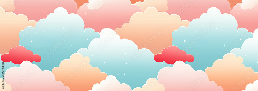 Banner Cute colorful pastel clouds seamless pattern background. Rainbow unicorn background with clouds and stars. Pastel color sky. Magical landscape, abstract fabulous pattern. Cute candy wallpaper.