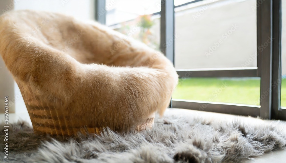 Fluffy fur sheepskin chair on shaggy rug near window. Minimalist home interior design of modern living room Fluffy fur sheepskin chair on shaggy rug near window. Minimalist home interior design of modern living room