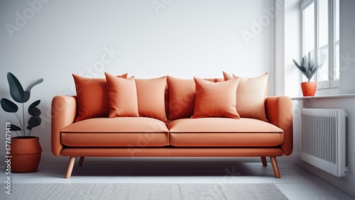 Close up of fabric sofa with terra cotta pillow against window and white wall. Scandinavian home interior design of modern living room