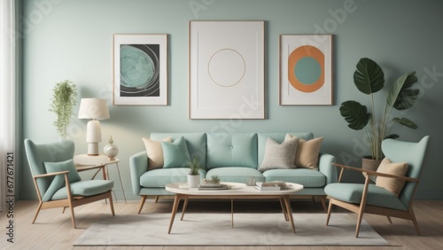 Ellipse table and two chairs near mint sofa against light green wall with art frame poster. Scandinavian, mid-century home interior design of modern living room