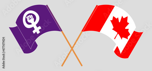 Crossed and waving flags of Feminism and Canada