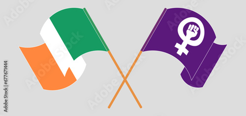 Crossed and waving flags of Ireland and Feminism photo