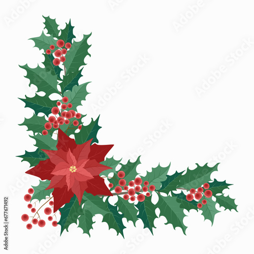 corner Christmas composition of poinsettia and twigs with green leaves and red berries