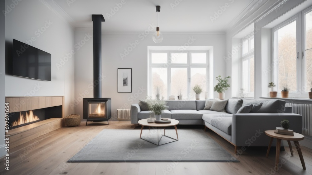 Grey daybed sofa against fireplace. Rustic scandinavian home interior design of modern living room