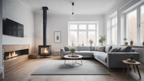 Grey daybed sofa against fireplace. Rustic scandinavian home interior design of modern living room